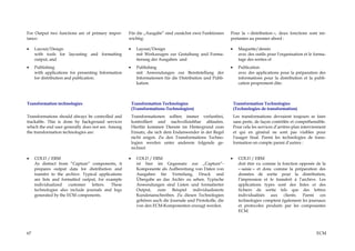 For Output two functions are of primary impor-       Für die „Ausgabe“ sind zunächst zwei Funktionen       Pour la « distribution », deux fonctions sont im-
tance:                                               wichtig:                                              portantes au premier abord :

•    Layout/Design                                   •     Layout/Design                                   •     Maquette/dessin
     with tools for layouting and formatting               mit Werkzeugen zur Gestaltung und Forma-              avec des outils pour l'organisation et le forma-
     output, and                                           tierung der Ausgaben und                              tage des sorties et
•    Publishing                                      •     Publishing                                      •     Publication
     with applications for presenting Information          mit Anwendungen zur Bereitstellung der                avec des applications pour la préparation des
     for distribution and publication.                     Informationen für die Distribution und Publi-         informations pour la distribution et la publi-
                                                           kation.                                               cation proprement dite.



Transformation technologies                              Transformation Technologies                           Transformation Technologies
                                                         (Transformations-Technologien)                        (Technologies de transformation)
Transformations should always be controlled and          Transformationen sollten immer verlustfrei,           Les transformations devraient toujours se faire
trackable. This is done by background services           kontrolliert und nachvollziehbar ablaufen.            sans perte, de façon contrôlée et compréhensible.
which the end user generally does not see. Among         Hierfür kommen Dienste im Hintergrund zum             Pour cela les services d’arrière-plan interviennent
the transformation technologies are:                     Einsatz, die sich dem Endanwender in der Regel        et qui en général ne sont pas visibles pour
                                                         nicht zeigen. Zu den Transformations Techno-          l'usager final. Parmi les technologies de trans-
                                                         logien werden unter anderem folgende ge-              formation on compte parmi d’autres :
                                                         rechnet:

•    COLD / ERM                                      •     COLD / ERM                                      •     COLD / ERM
     As distinct from “Capture” components, it             ist hier im Gegensatz zur „Capture“-                  doit être vu comme la fonction opposée de la
     prepares output data for distribution and             Komponente als Aufbereitung von Daten von             « saisie » et donc comme la préparation des
     transfer to the archive. Typical applications         Ausgaben für Verteilung, Druck und                    données de sortie pour la distribution,
     are lists and formatted output, for example           Übergabe an das Archiv zu sehen. Typische             l’impression et le transfert à l’archive. Les
     individualized    customer   letters.  These          Anwendungen sind Listen und formatierter              applications types sont des listes et des
     technologies also include journals and logs           Output, zum Beispiel individualisierte                fichiers de sortie tels que des lettres
     generated by the ECM components.                      Kundenanschreiben. Zu diesen Technologien             individualisés aux clients. Parmi ces
                                                           gehören auch die Journale und Protokolle, die         technologies comptent également les journaux
                                                           von den ECM-Komponenten erzeugt werden.               et protocoles produits par les composantes
                                                                                                                 ECM.




67                                                                                                                                                           ECM
 