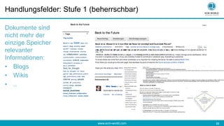 www.ecm-world.com 	
  15	
  
Handlungsfelder: Stufe 1 (beherrschbar)
Dokumente sind
nicht mehr der
einzige Speicher
relevanter
Informationen:
•  Blogs
•  Wikis
•  ..
 