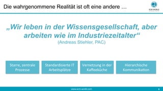 www.ecm-world.com 	
  6	
  
Die wahrgenommene Realität ist oft eine andere …
„Wir leben in der Wissensgesellschaft, aber
arbeiten wie im Industriezeitalter“
(Andreas Stiehler, PAC)
Starre,	
  zentrale	
  
Prozesse	
  
Standardisierte	
  IT	
  
Arbeitsplätze	
  
Vernetzung	
  in	
  der	
  
Kaﬀeeküche	
  
Hierarchische	
  
Kommunika<on	
  
 