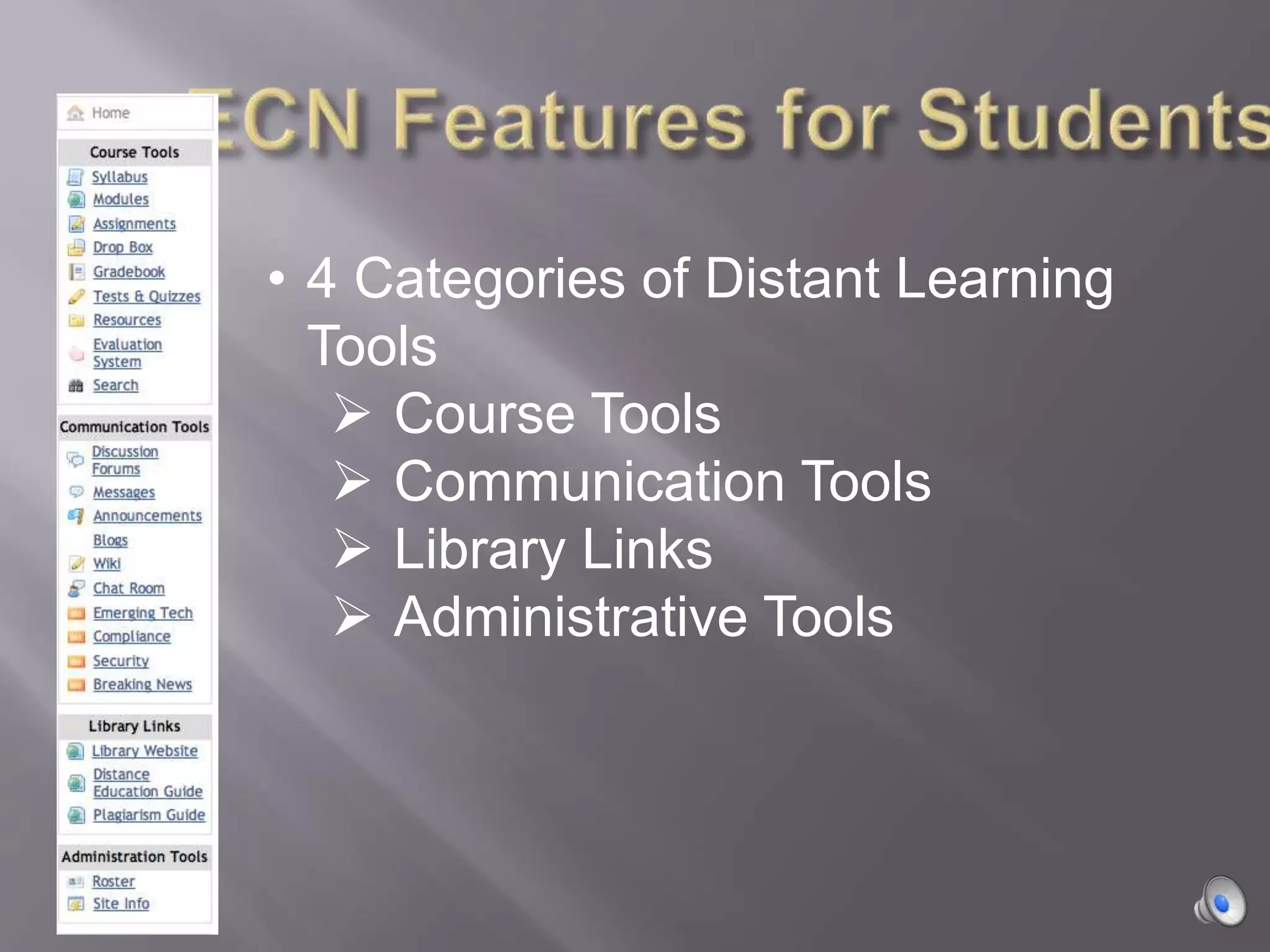 • 4 Categories of Distant Learning
Tools
 Course Tools
 Communication Tools
 Library Links
 Administrative Tools
 