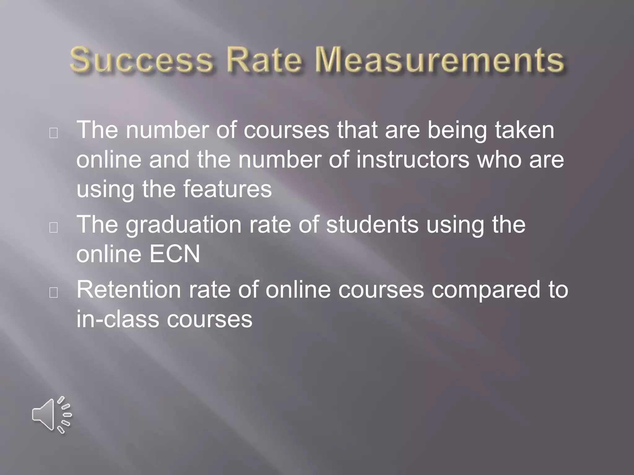 The number of courses that are being taken
online and the number of instructors who are
using the features
The graduation rate of students using the
online ECN
Retention rate of online courses compared to
in-class courses
 