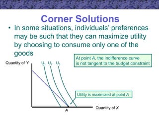 Corner Solutions
• In some situations, individuals’ preferences
may be such that they can maximize utility
by choosing to consume only one of the
goods
Quantity of X
Quantity of Y U2
U1 U3
A
Utility is maximized at point A
At point A, the indifference curve
is not tangent to the budget constraint
 