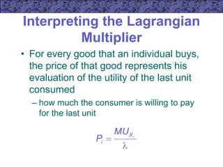 Interpreting the Lagrangian
Multiplier
• For every good that an individual buys,
the price of that good represents his
evaluation of the utility of the last unit
consumed
– how much the consumer is willing to pay
for the last unit

 i
X
i
MU
P
 