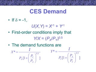CES Demand
• If  = -1,
U(X,Y) = X-1 + Y-1
• First-order conditions imply that
Y/X = (PX/PY)0.5
• The demand functions are
]
1
[
* 5
.
0










X
Y
X
P
P
P
X
I
]
1
[
* 5
.
0










Y
X
Y
P
P
P
Y
I
 