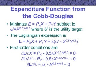 Expenditure Function from
the Cobb-Douglas
• Minimize E = PXX + PYY subject to
U’=X0.5Y0.5 where U’ is the utility target
• The Lagrangian expression is
L = PXX + PYY + (U’ - X0.5Y0.5)
• First-order conditions are
L/X = PX - 0.5X-0.5Y0.5 = 0
L/Y = PY - 0.5X0.5Y-0.5 = 0
L/ = U’ - X0.5Y0.5 = 0
 