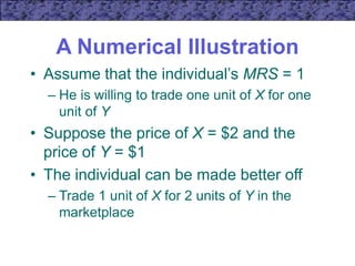 A Numerical Illustration
• Assume that the individual’s MRS = 1
– He is willing to trade one unit of X for one
unit of Y
• Suppose the price of X = $2 and the
price of Y = $1
• The individual can be made better off
– Trade 1 unit of X for 2 units of Y in the
marketplace
 