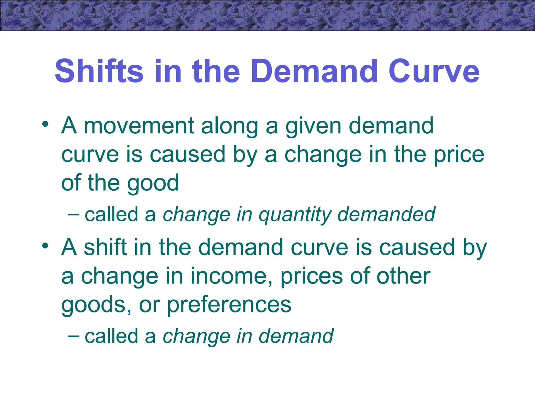 Shifts in the Demand Curve
• A movement along a given demand
curve is caused by a change in the price
of the good
– called a change in quantity demanded
• A shift in the demand curve is caused by
a change in income, prices of other
goods, or preferences
– called a change in demand
 