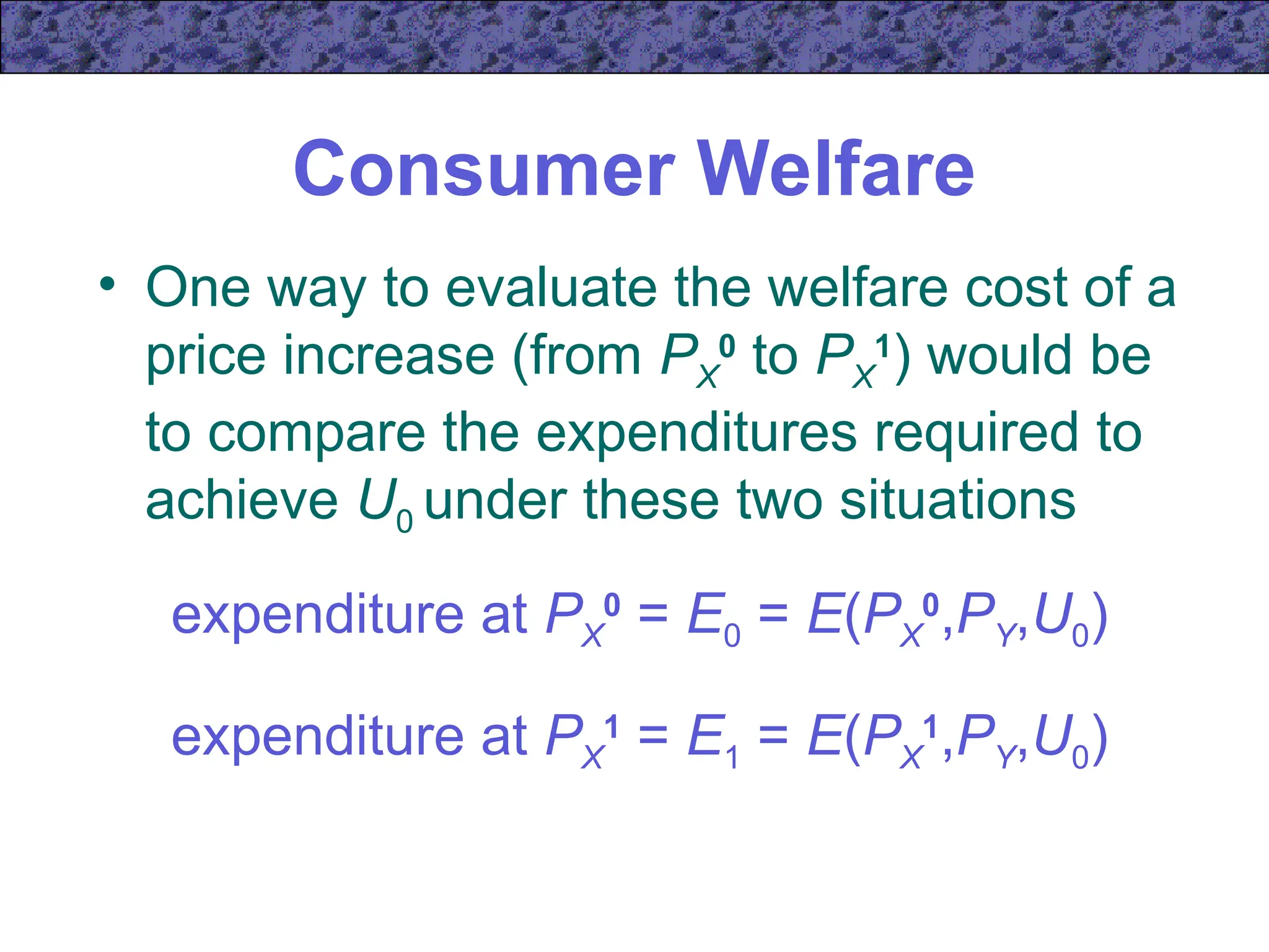 Consumer Welfare
• One way to evaluate the welfare cost of a
price increase (from PX
0
to PX
1
) would be
to compare the expenditures required to
achieve U0 under these two situations
expenditure at PX
0
= E0 = E(PX
0
,PY,U0)
expenditure at PX
1
= E1 = E(PX
1
,PY,U0)
 