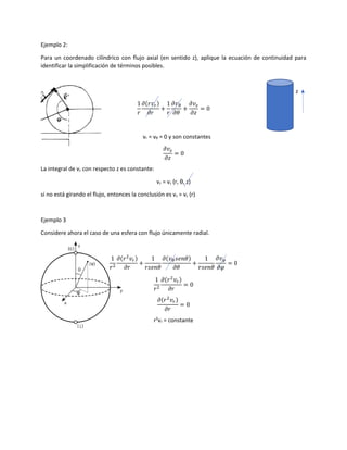 Ejemplo 2:
Para un coordenado cilíndrico con flujo axial (en sentido z), aplique la ecuación de continuidad para
identificar la simplificación de términos posibles.
z
1
𝑟
𝜕(𝑟𝑣𝑟)
𝜕𝑟
+
1
𝑟
𝜕𝑣 𝜃
𝜕𝜃
+
𝜕𝑣𝑧
𝜕𝑧
= 0
vr = vθ = 0 y son constantes
𝜕𝑣𝑧
𝜕𝑧
= 0
La integral de vz con respecto z es constante:
vz = vz (r, θ, z)
si no está girando el flujo, entonces la conclusión es vz = vz (r)
Ejemplo 3
Considere ahora el caso de una esfera con flujo únicamente radial.
1
𝑟2
𝜕(𝑟2
𝑣𝑟)
𝜕𝑟
+
1
𝑟𝑠𝑒𝑛𝜃
𝜕(𝑣 𝜃 𝑠𝑒𝑛𝜃)
𝜕𝜃
+
1
𝑟𝑠𝑒𝑛𝜃
𝜕𝑣 𝜑
𝜕𝜑
= 0
1
𝑟2
𝜕(𝑟2
𝑣𝑟)
𝜕𝑟
= 0
𝜕(𝑟2
𝑣𝑟)
𝜕𝑟
= 0
r2
vr = constante
 
