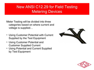 New ANSI C12.29 for Field Testing 
Metering Devices 
Meter Testing will be divided into three 
categories based on where current and 
voltage is supplied… 
• Using Customer Potential with Current 
Supplied by the Test Equipment 
• Using Customer Potential and 
Customer Supplied Current 
• Using Potential and Current Supplied 
by Test Equipment 
 