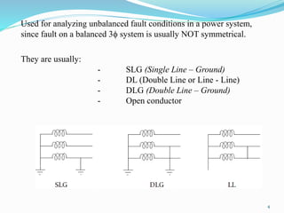 Used for analyzing unbalanced fault conditions in a power system, 
since fault on a balanced 3 system is usually NOT symm...
