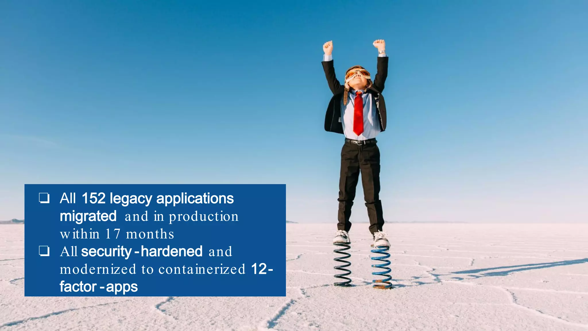 18
❏ All 152 legacy applications
migrated and in production
within 17 months
❏ All security -hardened and
modernized to containerized 12-
factor -apps
 