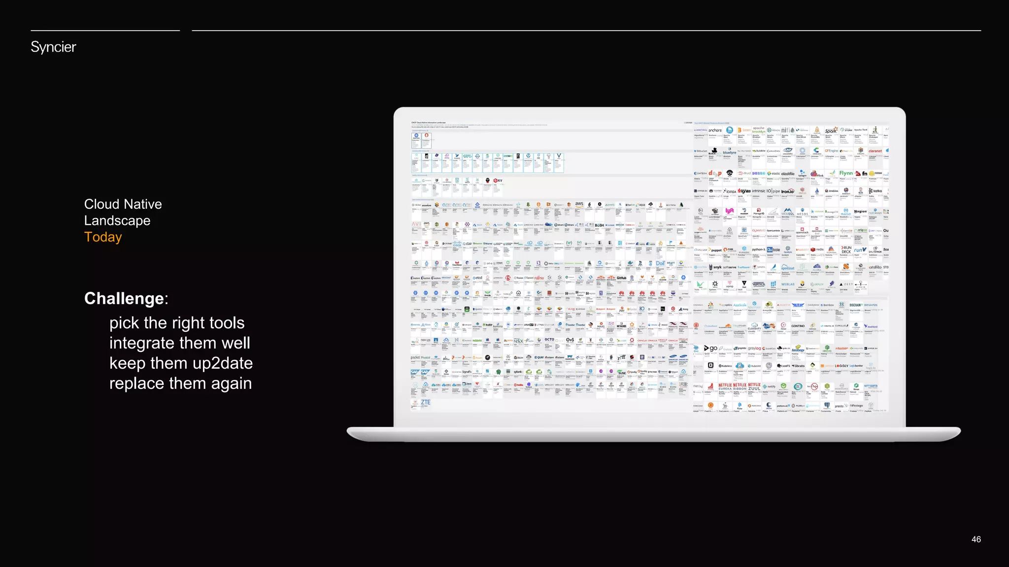46
Cloud Native
Landscape
Today
Challenge:
pick the right tools
integrate them well
keep them up2date
replace them again
 