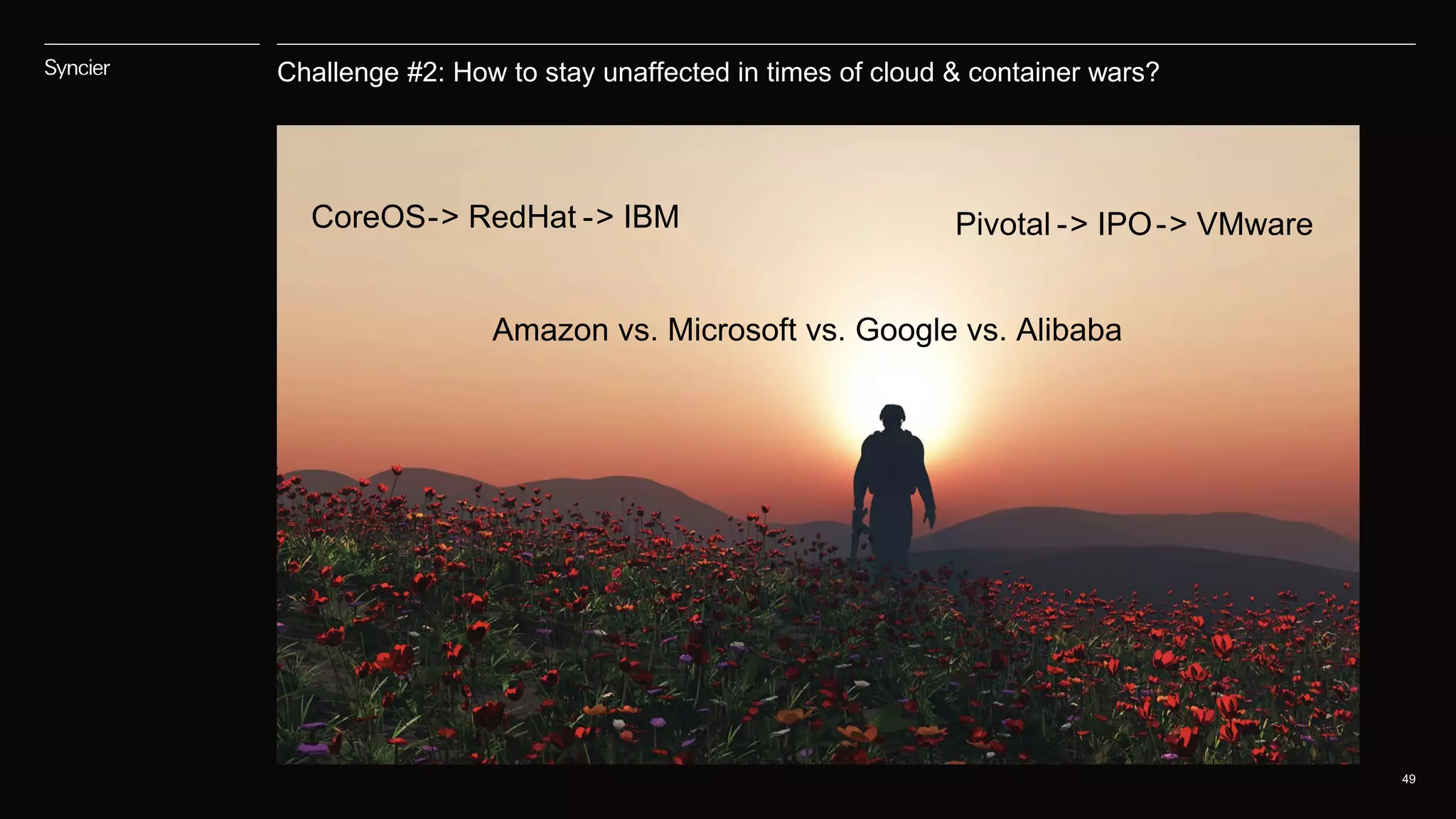 Challenge #2: How to stay unaffected in times of cloud & container wars?
49
Pivotal -> IPO-> VMware
Amazon vs. Microsoft vs. Google vs. Alibaba
CoreOS-> RedHat -> IBM
 