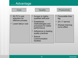Cost Access to highly- qualified skill pool Established methodologies and processes for better performance Adherence to leading quality practices Robust Communication facilities … . Advantage 50-75 % cost reduction for offshore process Lower labour cost  Favourable time lag 24 x 7 service Sharper learning curve effect Quality Productivity 