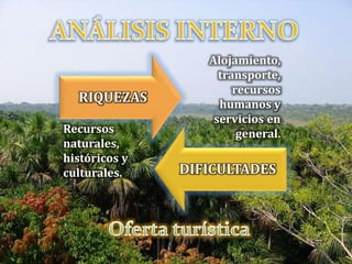 RIQUEZAS
DIFICULTADES
Recursos
naturales,
históricos y
culturales.
Alojamiento,
transporte,
recursos
humanos y
servicios en
general.
 