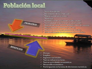  Neocolonialismo.
 Incremento de nivel de vida.
 Migración de otras zonas.
 Molestias.
 Prohibición de actividades tradicionales.
 Necesidad de realizar nuevas inversiones.
 Dificultad cultural entre población local y turistas.
 División de los pobladores locales.
 Huida de parte de los pobladores locales.
 Establecimiento de un monocultivo turístico.
 Divisas.
 Empleo.
 Ingresos nacionales.
 Nuevas infraestructuras.
 Nuevas actividades económicas.
 Desarrollo económico.
 Participación en la toma de decisiones turísticas.
 
