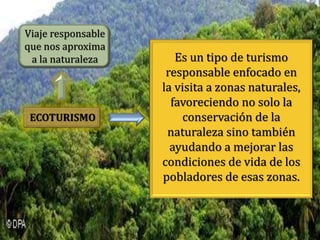 Es un tipo de turismo
responsable enfocado en
la visita a zonas naturales,
favoreciendo no solo la
conservación de la
naturaleza sino también
ayudando a mejorar las
condiciones de vida de los
pobladores de esas zonas.
ECOTURISMO
Viaje responsable
que nos aproxima
a la naturaleza
 