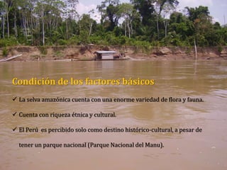 Condición de los factores básicos
 La selva amazónica cuenta con una enorme variedad de flora y fauna.
 Cuenta con riqueza étnica y cultural.
 El Perú es percibido solo como destino histórico-cultural, a pesar de
tener un parque nacional (Parque Nacional del Manu).
 