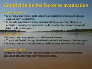 Condición de los factores avanzados
Recursos humanos:
 El personal que trabaja en la industria ecoturística es poco calificado en
cuanto a servicios básicos.
 El caso de los guías: estudiantes universitarios de carreras afines a la
ecología o pobladores conocedores de la zona (recibieron entrenamiento
básico sobre cómo guiar).
Infraestructura:
 Infraestructura aeroportuaria: relativamente buena.
 Transporte fluvial: desorganización respecto del embarque y desembarque
 Infraestructura vial: insuficiente para dar un buen servicio a los turistas.
Recursos de capital:
Fuentes de financiamiento resultan costosas y no existen las condiciones
necesarias para favorecer la inversión extranjera.
 