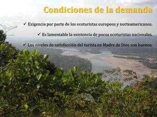 Condiciones de la demanda
 Exigencia por parte de los ecoturistas europeos y norteamericanos.
 Es lamentable la existencia de pocos ecoturistas nacionales.
 Los niveles de satisfacción del turista en Madre de Dios son buenos.
 
