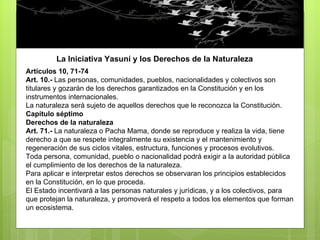 La Iniciativa Yasuní y los Derechos de la Naturaleza Artículos 10, 71-74 Art. 10.-  Las personas, comunidades, pueblos, nacionalidades y colectivos son titulares y gozarán de los derechos garantizados en la Constitución y en los instrumentos internacionales. La naturaleza será sujeto de aquellos derechos que le reconozca la Constitución. Capítulo séptimo Derechos de la naturaleza Art. 71.-  La naturaleza o Pacha Mama, donde se reproduce y realiza la vida, tiene derecho a que se respete integralmente su existencia y el mantenimiento y regeneración de sus ciclos vitales, estructura, funciones y procesos evolutivos. Toda persona, comunidad, pueblo o nacionalidad podrá exigir a la autoridad pública el cumplimiento de los derechos de la naturaleza. Para aplicar e interpretar estos derechos se observaran los principios establecidos en la Constitución, en lo que proceda. El Estado incentivará a las personas naturales y jurídicas, y a los colectivos, para que protejan la naturaleza, y promoverá el respeto a todos los elementos que forman un ecosistema. 