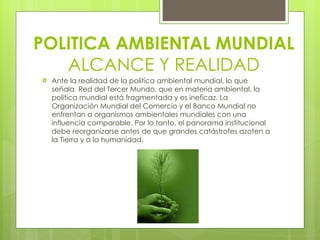 Ante la realidad de la política ambiental mundial, lo que señala  Red del Tercer Mundo, que en materia ambiental, la política mundial está fragmentada y es ineficaz. La Organización Mundial del Comercio y el Banco Mundial no enfrentan a organismos ambientales mundiales con una influencia comparable. Por lo tanto, el panorama institucional debe reorganizarse antes de que grandes catástrofes azoten a la Tierra y a la humanidad. POLITICA AMBIENTAL MUNDIAL ALCANCE Y REALIDAD 