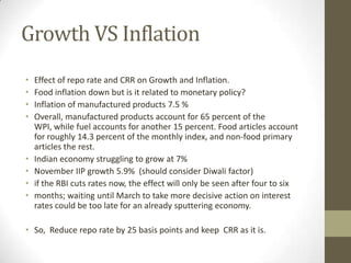 Growth VS Inflation
•   Effect of repo rate and CRR on Growth and Inflation.
•   Food inflation down but is it related to monetary policy?
•   Inflation of manufactured products 7.5 %
•   Overall, manufactured products account for 65 percent of the
    WPI, while fuel accounts for another 15 percent. Food articles account
    for roughly 14.3 percent of the monthly index, and non-food primary
    articles the rest.
•   Indian economy struggling to grow at 7%
•   November IIP growth 5.9% (should consider Diwali factor)
•   if the RBI cuts rates now, the effect will only be seen after four to six
•   months; waiting until March to take more decisive action on interest
    rates could be too late for an already sputtering economy.

• So, Reduce repo rate by 25 basis points and keep CRR as it is.
 