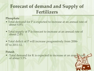 Forecast of demand and Supply of Fertilizers Phosphate •  Total demand for P is expected to increase at an annual rate of about 4.8% •  Total supply of P is forecast to increase at an annual rate of about 2.4%  •  Total deficit of P will increase progressively from 2006- 07 to 2011-12. Potash Total demand for K is expected to increase at an annual rate of about 5.5% 