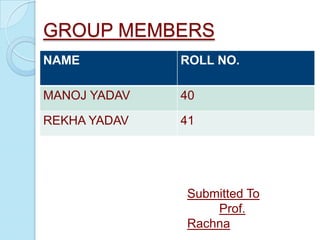 GROUP MEMBERS
NAME

ROLL NO.

MANOJ YADAV

40

REKHA YADAV

41

Submitted To
Prof.
Rachna

 