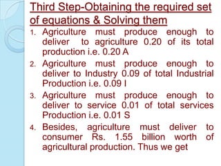 Third Step-Obtaining the required set
of equations & Solving them
Agriculture must produce enough to
deliver to agriculture 0.20 of its total
production i.e. 0.20 A
2. Agriculture must produce enough to
deliver to Industry 0.09 of total Industrial
Production i.e. 0.09 I
3. Agriculture must produce enough to
deliver to service 0.01 of total services
Production i.e. 0.01 S
4. Besides, agriculture must deliver to
consumer Rs. 1.55 billion worth of
agricultural production. Thus we get
1.

 