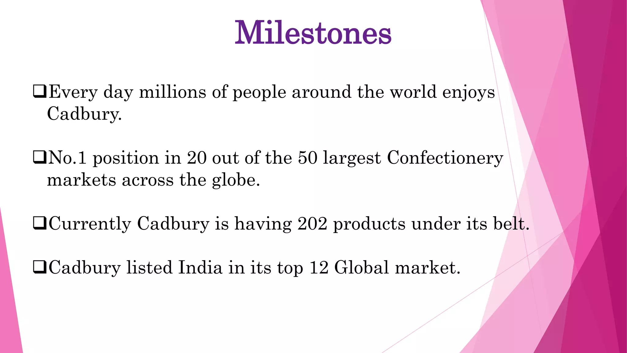 Every day millions of people around the world enjoys
Cadbury.
No.1 position in 20 out of the 50 largest Confectionery
markets across the globe.
Currently Cadbury is having 202 products under its belt.
Cadbury listed India in its top 12 Global market.
Milestones
 