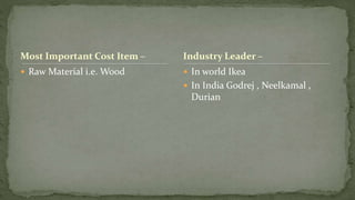 Most Important Cost Item –
 Raw Material i.e. Wood  In world Ikea
 In India Godrej , Neelkamal ,
Durian
Industry Leader –
 