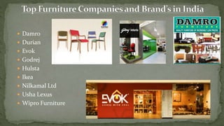  Damro
 Durian
 Evok
 Godrej
 Hulsta
 Ikea
 Nilkamal Ltd
 Usha Lexus
 Wipro Furniture
 