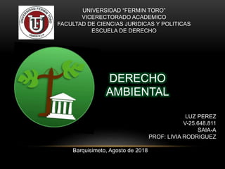 UNIVERSIDAD “FERMIN TORO”
VICERECTORADO ACADEMICO
FACULTAD DE CIENCIAS JURIDICAS Y POLITICAS
ESCUELA DE DERECHO
DERECHO
AMBIENTAL
LUZ PEREZ
V-25.648.811
SAIA-A
PROF: LIVIA RODRIGUEZ
Barquisimeto, Agosto de 2018
 
