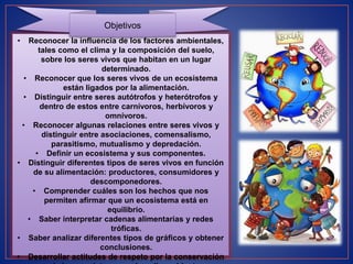 • Reconocer la influencia de los factores ambientales,
tales como el clima y la composición del suelo,
sobre los seres vivos que habitan en un lugar
determinado.
• Reconocer que los seres vivos de un ecosistema
están ligados por la alimentación.
• Distinguir entre seres autótrofos y heterótrofos y
dentro de estos entre carnívoros, herbívoros y
omnívoros.
• Reconocer algunas relaciones entre seres vivos y
distinguir entre asociaciones, comensalismo,
parasitismo, mutualismo y depredación.
• Definir un ecosistema y sus componentes.
• Distinguir diferentes tipos de seres vivos en función
de su alimentación: productores, consumidores y
descomponedores.
• Comprender cuáles son los hechos que nos
permiten afirmar que un ecosistema está en
equilibrio.
• Saber interpretar cadenas alimentarias y redes
tróficas.
• Saber analizar diferentes tipos de gráficos y obtener
conclusiones.
• Desarrollar actitudes de respeto por la conservación
Objetivos
 