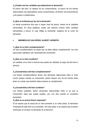 25
3 ¿Cuáles son las variables que determinan la demanda?
El precio del bien, el ingreso de los consumidores, el precio de los bienes
relacionados, las expectativas de los consumidores, el número de consumidores
y los gustos o preferencias.
4 ¿Qué se entiende por ley de la demanda?
La teoría económica dice que a mayor nivel de precio, menor es la cantidad
demandada. En otras palabras, existe una relación inversa entre cantidad
demandada y precio, lo cual refleja la pendiente negativa de la curva de
demanda.
 MARMOLEJO VALVERDE, ALBERT JHOSEPH
1 ¿Qué es un bien complementario?
Un bien complementario es aquel que se debe utilizar conjuntamente con otro
para poder satisfacer una necesidad del consumidor.
2 ¿Qué es un bien sustituto?
Un sustituto es un bien o servicio que puede ser utilizado en lugar de otro bien o
servicio.
3 ¿Característica del bien complementario?
Los bienes complementarios tienen una demanda relacionada entre sí. Esto
ocurre porque cuando un consumidor quiere adquirir uno de los bienes debe
tener en cuenta que también debe comprar su complemento.
4 ¿Característica del bien sustituto?
Los bienes sustitutos tienen demandas relacionadas entre sí ya que el
consumidor sabe que puede sustituir uno con otro cuando lo considere
apropiado.
5 ¿Qué es un precio futuro esperado?
Si se espera que el precio de un bien aumente a un cierto plazo, la demanda
inmediata de este bien va a aumentar. Por otra parte, si se espera que el precio
disminuya en el futuro la demanda va a disminuir.
 