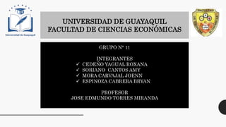 UNIVERSIDAD DE GUAYAQUIL
FACULTAD DE CIENCIAS ECONÓMICAS
GRUPO N° 11
INTEGRANTES
 CEDEÑO YAGUAL ROXANA
 SORIANO CANTOS AMY
 MORA CARVAJAL JOENN
 ESPINOZA CABRERA BRYAN
PROFESOR
JOSE EDMUNDO TORRES MIRANDA
 