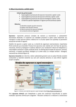 4. Măsuri de protecție a calității apelor
Criterii de performanță :
Supravegherea procesului de epurare mecanică a apelor uzate
Supravegherea procesului de epurare chimică a apelor uzate
Supravegherea procesului de epurare biologică a apelor uzate
Urmărirea aplicării legislației in vigoare privind protecția apelor
Obiective:
‐ să identifice etapele epurării mecanice
‐ să explice rolul epurării chimice
‐ să descrie procesul de epurare biologică
‐ să cunoască conținutul legislației
Epurarea – reprezintă procesul complex de reținere şi neutralizare a substantelor
daunatoare dizolvate, în suspensie sau coloidale prezente în apele uzate industriale sau
menajere în stații epurare pentru redarea lor în circuitul apelor de suprafața la parametrii
avizați de normele în vigoare.
Stațiilor de epurare a apelor uzate au o schemă de organizare asemanatoare, majoritatea
fiind construite pe orizontală. Procesul de epurarea este realizat prin trei faze de epurare,
mecanică, chimică şi biologică în vederea obținerii unui randament ridicat de îndepărtare a
impurităților existente în apele reziduale brute. Se disting două treapte de epurare: primară,
mecanică, o treaptă secundară, biologică şi la unele stații şi o treapta terțiară ‐ biologică,
mecanică sau chimică (Figura 3).
Epurarea mecanică are rolul de a reține substanțele grosiere care ar putea înfunda canalele
conductelor şi bazinele existente sau care prin acțiunea abraziva ar avea efecte negative
asupra uvrajelor.
Figura 3 . Schema unei stații de epurare a apei menajere (după http://www.ecomagazin.ro)
Prin epurarea chimică sunt îndepărtate o parte din conținutul impurificator al apelor
reziduale. Epurarea chimică prin coagulare ‐ floculare conduce la o reducere a conținutului
14
 