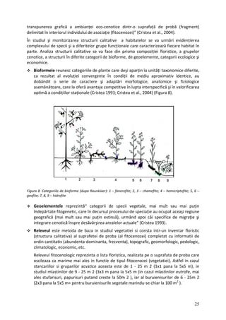 transpunerea grafică a ambianței eco‐cenotice dintr‐o suprafață de probă (fragment)
delimitat în interiorul individului de asociație (fitocenozei)” (Cristea et al., 2004).
În studiul şi monitorizarea structurii calitative a habitatelor se va urmări evidențierea
complexului de specii şi a diferitelor grupe funcționale care caracterizează fiecare habitat în
parte. Analiza structurii calitative se va face din prisma compoziției floristice, a grupelor
cenotice, a structurii în diferite categorii de bioforme, de geoelemente, categorii ecologice şi
economice.
Bioformele reunesc categoriile de plante care deşi aparțin la unități taxonomice diferite,
ca rezultat al evoluției convergente în condiții de mediu aproximativ identice, au
dobândit o serie de caractere şi adaptări morfologice, anatomice şi fiziologice
asemănătoare, care le oferă avantaje competitive în lupta interspecifică şi în valorificarea
optimă a condițiilor staționale (Cristea 1993; Cristea et al., 2004) (Figura 8).
Figura 8. Categoriile de bioforme (dupa Raunkiaer): 1 – fanerofite; 2, 3 – chamefite; 4 – hemicriptofite; 5, 6 –
geofite; 7, 8, 9 – hidrofite
Geoelementele reprezintă“ categorii de specii vegetale, mai mult sau mai puțin
îndepărtate filogenetic, care în decursul procesului de speciație au ocupat aceaşi regiune
geografică (mai mult sau mai puțin extinsă), urmând apoi căi specifice de migrație şi
integrare cenotică înspre desăvârşirea arealelor actuale” (Cristea 1993).
Releveul este metoda de baza in studiul vegetatiei si consta intr‐un inventar floristic
(structura calitativa) al suprafetei de proba (al fitocenozei) completat cu informatii de
ordin cantitativ (abundenta‐dominanta, frecventa), topografic, geomorfologic, pedologic,
climatologic, economic, etc.
Releveul fitocenologic reprezinta o lista floristica, realizata pe o suprafata de proba care
oscileaza ca marime mai ales in functie de tipul fitocenozei (vegetatiei). Astfel in cazul
stancariilor si gruparilor acvatice aceasta este de 1 ‐ 25 m 2 (1x1 pana la 5x5 m), in
studiul mlastinilor de 9 ‐ 25 m 2 (3x3 m pana la 5x5 m (in cazul mlastinilor eutrofe, mai
ales stufarisuri, papurisuri putand creste la 50m 2 ), iar al buruienisurilor de 6 ‐ 25m 2
(2x3 pana la 5x5 m> pentru buruienisurile segetale marindu‐se chiar la 100 m2
).
25
 