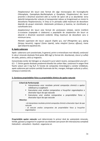 Fitoplanctonul din lacuri este format din alge microscopice din încrengăturile
Chlorophyta, Cyanophyta, Bacillariophyta şi Pyrophyta. Fitoplanctonul din lacuri
prezintă o dinamică sezonieră atât ca număr de specii cât şi ca abundență. Iarna
datorită temperaturilor scăzute şi transparenței reduse se înregistrează un minim în
dezvoltarea fitoplanctonului, în timp ce în perioada caldă maximum de dezvoltare
depinde de grupul sistematic: diatomeele primăvara şi toamna, iar cloroficeele şi
cianoficeele vara.
Zooplanctonul din lacuri este format din protozoare (ciliate), viermi (rotiferi)
si crustacee (copepode si cladocere) a populațiile de zooplancton din lacuri se
observă o dinamică sezonieră evidentă. Ating maximum de dezvoltare vara si
minimum iarna.
Plantele superioare din lacuri: papură (Typha sp.), stuf (Phragmites sp.), pipirig
(Scirpus lacustris), rogozul (Carex riparia), iarba mlaştinii (Juncus effusus), mana
apei (Glyceria aquatica) etc.
B. Apele subterane
Apele subterane sunt caracterizate, în general, printr‐o mineralizare mai ridicată, conținutul
în săruri minerale dizolvate fiind peste 400 mg/l şi format din: dicarbonați, cloruri şi sulfați
de sodiu, potasiu, calciu şi magneziu.
Concentrația ionilor de hidrogen se situează în jurul valorii neutre, corespunzând unui pH =
6,5 ‐ 7. Dintre gazele dizolvate predomină dioxidul de carbon liber, conținutul în oxigen fiind
foarte scăzut sub 3 mg O2/l. În funcție de compoziția mineralogică a zonelor străbătute,
apele subterane pot conține cantități însemnate de fier, mangan, hidrogen sulfurat şi sulfuri,
compuşi ai azotului etc.
2. Corelarea proprietăților fizice cu proprietățile chimice ale apelor naturale
Criterii de Performanță:
Interpretarea unor rezultate privind compoziția chimică a apelor
stătătoare şi curgătoare
Executarea unor analize comparative a însuşirilor organoleptice a
diverselor tipuri de ape naturale
Executarea unor analize comparative a proprietăților fizice a
diverselor tipuri de ape naturale
Obiective:
‐ să interpreteze rezultate privind compoziția chimică a diverselor tipuri de ape
naturale
‐ să execute analize comparative ale proprietăților fizice şi însuşirilor
organoleptice
Proprietățile apelor naturale sunt determinate în primul rând de substanțele minerale,
lichide, gazoase şi organice în suspensie sau dizolvate care provin din interacțiunea complexă
hidrosferă – atmosferă – litosferă ‐ organisme vii.
34
 