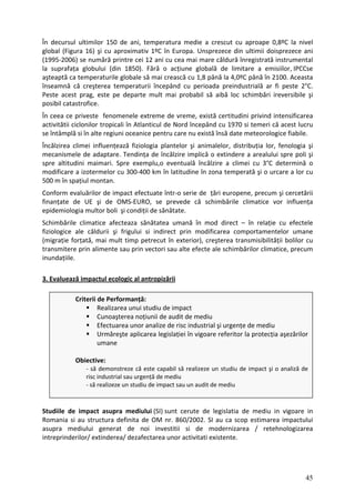 În decursul la nivel
global doisprezece ani
(1995‐2006) instrumental
la suprafa IPCCse
aşteaptă Aceasta
înseamnă peste 2°C.
Peste acest ireversibile şi
posibil
În ceea ce intensificarea
activitătii acest lucru
se întâmpl fiabile.
Încălzirea fenologia şi
mecanismele spre poli şi
spre altitudini determină o
modificare a lor cu
500 m în
Conform cercetării
finanțate de UE şi atice vo influența
epidemiologia multor boli şi condiții de sănătate.
l ecologic al antropizării
ultimilor 150 de ani, temperatura medie a crescut cu aproape 0,8ºC
(Figura 16) şi cu aproximativ 1ºC în Europa. Unsprezece din ultimii
se numără printre cei 12 ani cu cea mai mare căldură înregistrată
ța globului (din 1850). Fără o acțiune globală de limitare a emisiilor,
ca temperaturile globale să mai crească cu 1,8 până la 4,0ºC până în 2100.
că creşterea temperaturii începând cu perioada preindustrială ar fi
prag, este pe departe mult mai probabil să aibă loc schimbări
catastrofice.
priveste fenomenele extreme de vreme, există certitudini privind
ciclonilor tropicali în Atlanticul de Nord începând cu 1970 si temeri că
ă si în alte regiuni oceanice pentru care nu există însă date meteorologice
climei influențează fiziologia plantelor şi animalelor, distribuția lor,
de adaptare. Tendința de încălzire implică o extindere a arealului
maimari. Spre exemplu,o eventuală încălzire a climei cu 3°C
a izotermelor cu 300‐400 km în latitudine în zona temperată şi o urcare
spațiul montan.
evaluărilor de impact efectuate într‐o serie de țări europene, precum şi
r
de OMS‐EURO, se prevede că schimbările clim
Schimbările climatice afecteaza sănătatea umană în mod direct – în relație cu efectele
fiziologice ale căldurii şi frigului si indirect prin modificarea comportamentelor umane
(migrație forțată, mai mult timp petrecut în exterior), creşterea transmisibilității bolilor cu
transmitere prin alimente sau prin vectori sau alte efecte ale schimbărilor climatice, precum
inundațiile.
3. Evaluează impactu
Studiile de impact asupra mediului (SI) sunt cerute de legislatia de mediu in vigoare in
Romania si au structura definita de OM nr. 860/2002. SI au ca scop estimarea impactului
asupra mediului generat de noi investitii si de modernizarea / retehnologizarea
intreprinderilor/ extinderea/ dezafectarea unor activitati existente.
Criterii de Performanță:
Realizarea unui studiu de impact
Cunoaşterea noțiunii de audit de mediu
Efectuarea unor analize de risc industrial şi urgențe de mediu
Urmăreşte aplicarea legislației în vigoare referitor la protecția aşezărilor
umane
Obiective:
n audit de mediu
‐ să demonstreze că este capabil să realizeze un studiu de impact şi o analiză de
risc industrial sau urgență de mediu
‐ să realizeze un studiu de impact sau u
45
 