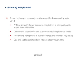 Concluding Perspectives



 A much-changed economic environment for business through
  2012
       A ―New Normal‖: Slower economic growth than in prior cycles with
        ample financial liquidity

       Consumers, corporations and businesses repairing balance sheets

       Risk shifting from private to public sector (public finance a key issue)

       Low and stable real short-term interest rates through 2012




                                continued
 
