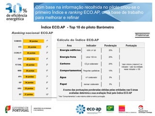 Com base na informação recolhida no piloto criou-se o
primeiro Índice e ranking ECO.AP, uma base de trabalho
para melhorar e refinar

  Índice ECO.AP - Top 10 do piloto Barómetro

                                                  Preliminar
 