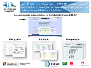 No Portal do Barómetro ECO.AP todos poderão
               acompanhar a evolução do desempenho energético e de
               carbono das entidades e ministérios
    Áreas de análise a disponibilizar no Portal do Barómetro ECO.AP

            Portal




Fotografia                   Evolução                       Comparação

                                                           kWh/ m2 útil              HOSPITAIS
                                                      kWh/ m2 útil        ESTABELECIMENTOS
                                                                          DE ENSINO SUPERIOR
    Tipo de energia
 