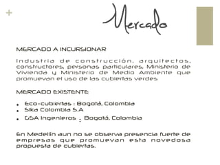 +
Mercado
MERCADO A INCURSIONAR
I n d u s t r i a d e c o n s t r u c c i ó n , a r q u i t e c t o s ,
constructores, personas particulares, Ministerio de
Vivienda y Ministerio de Medio Ambiente que
promuevan el uso de las cubiertas verdes
MERCADO EXISTENTE
•  Eco-cubiertas : Bogotá, Colombia
•  Sika Colombia S.A
•  GSA Ingenieros : Bogotá, Colombia
En Medellín aun no se observa presencia fuerte de
e m p r e s a s q u e p r o m u eva n e s ta n ove d o s a
propuesta de cubiertas.
 