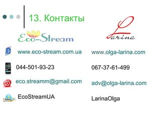 13. Контакты
www.olga-larina.com
067-37-61-499
adv@olga-larina.com
LarinaOlga
www.eco-stream.com.ua
044-501-93-23
eco.streamm@gmail.com
EcoStreamUA
 