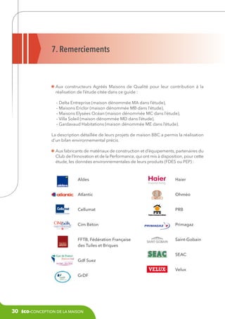 7. Remerciements

A
 ux constructeurs Agréés Maisons de Qualité pour leur contribution à la
réalisation de l’étude citée dans ce guide :
– Delta Entreprise (maison dénommée MA dans l’étude),
– Maisons Ericlor (maison dénommée MB dans l’étude),
– Maisons Elysées Océan (maison dénommée MC dans l’étude),
– Villa Soleil (maison dénommée MD dans l’étude),
– Gardavaud Habitations (maison dénommée ME dans l’étude).
La description détaillée de leurs projets de maison BBC a permis la réalisation
d’un bilan environnemental précis.
A
 ux fabricants de matériaux de construction et d’équipements, partenaires du
Club de l’Innovation et de la Performance, qui ont mis à disposition, pour cette
étude, les données environnementales de leurs produits (FDES ou PEP) :

Aldes

Haier

Atlantic

Ohméo

Cellumat

PRB

Cim Béton

Primagaz

FFTB, Fédération Française
des Tuiles et Briques

Saint-Gobain
SEAC

Gdf Suez
Velux
GrDF

30

éco-conception de la maison

 