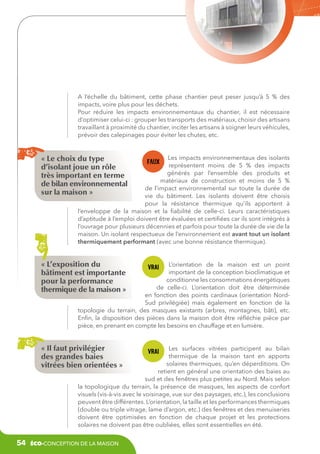 A l’échelle du bâtiment, cette phase chantier peut peser jusqu’à 5  % des
impacts, voire plus pour les déchets.
Pour réduire les impacts environnementaux du chantier, il est nécessaire
d’optimiser celui-ci : grouper les transports des matériaux, choisir des artisans
travaillant à proximité du chantier, inciter les artisans à soigner leurs véhicules,
prévoir des calepinages pour éviter les chutes, etc.

« Le choix du type
d’isolant joue un rôle
très important en terme
de bilan environnemental
sur la maison »

Les impacts environnementaux des isolants
représentent moins de 5  % des impacts
générés par l’ensemble des produits et
matériaux de construction et moins de 5  %
de l’impact environnemental sur toute la durée de
vie du bâtiment. Les isolants doivent être choisis
pour la résistance thermique qu’ils apportent à
l’enveloppe de la maison et la fiabilité de celle-ci. Leurs caractéristiques
d’aptitude à l’emploi doivent être évaluées et certifiées car ils sont intégrés à
l’ouvrage pour plusieurs décennies et parfois pour toute la durée de vie de la
maison. Un isolant respectueux de l’environnement est avant tout un isolant
thermiquement performant (avec une bonne résistance thermique).

« L’exposition du
bâtiment est importante
pour la performance
thermique de la maison »

L’orientation de la maison est un point
important de la conception bioclimatique et
conditionne les consommations énergétiques
de celle-ci. L’orientation doit être déterminée
en fonction des points cardinaux (orientation NordSud privilégiée) mais également en fonction de la
topologie du terrain, des masques existants (arbres, montagnes, bâti), etc.
Enfin, la disposition des pièces dans la maison doit être réfléchie pièce par
pièce, en prenant en compte les besoins en chauffage et en lumière.

« Il faut privilégier
des grandes baies
vitrées bien orientées »

Les surfaces vitrées participent au bilan
thermique de la maison tant en apports
solaires thermiques, qu’en déperditions. On
retient en général une orientation des baies au
sud et des fenêtres plus petites au Nord. Mais selon
la topologique du terrain, la présence de masques, les aspects de confort
visuels (vis-à-vis avec le voisinage, vue sur des paysages, etc.), les conclusions
peuvent être différentes. L’orientation, la taille et les performances thermiques
(double ou triple vitrage, lame d’argon, etc.) des fenêtres et des menuiseries
doivent être optimisées en fonction de chaque projet et les protections
solaires ne doivent pas être oubliées, elles sont essentielles en été.

54

éco-conception de la maison

 