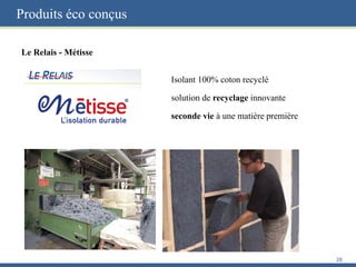 Le Relais - Métisse
Produits éco conçus
28
Isolant 100% coton recyclé
solution de recyclage innovante
seconde vie à une matière première
 